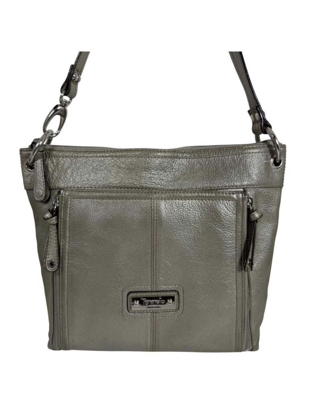 TIGNANELLO Pebbled Metallic Silver Leather Organizer Shoulder Crossbody Bag